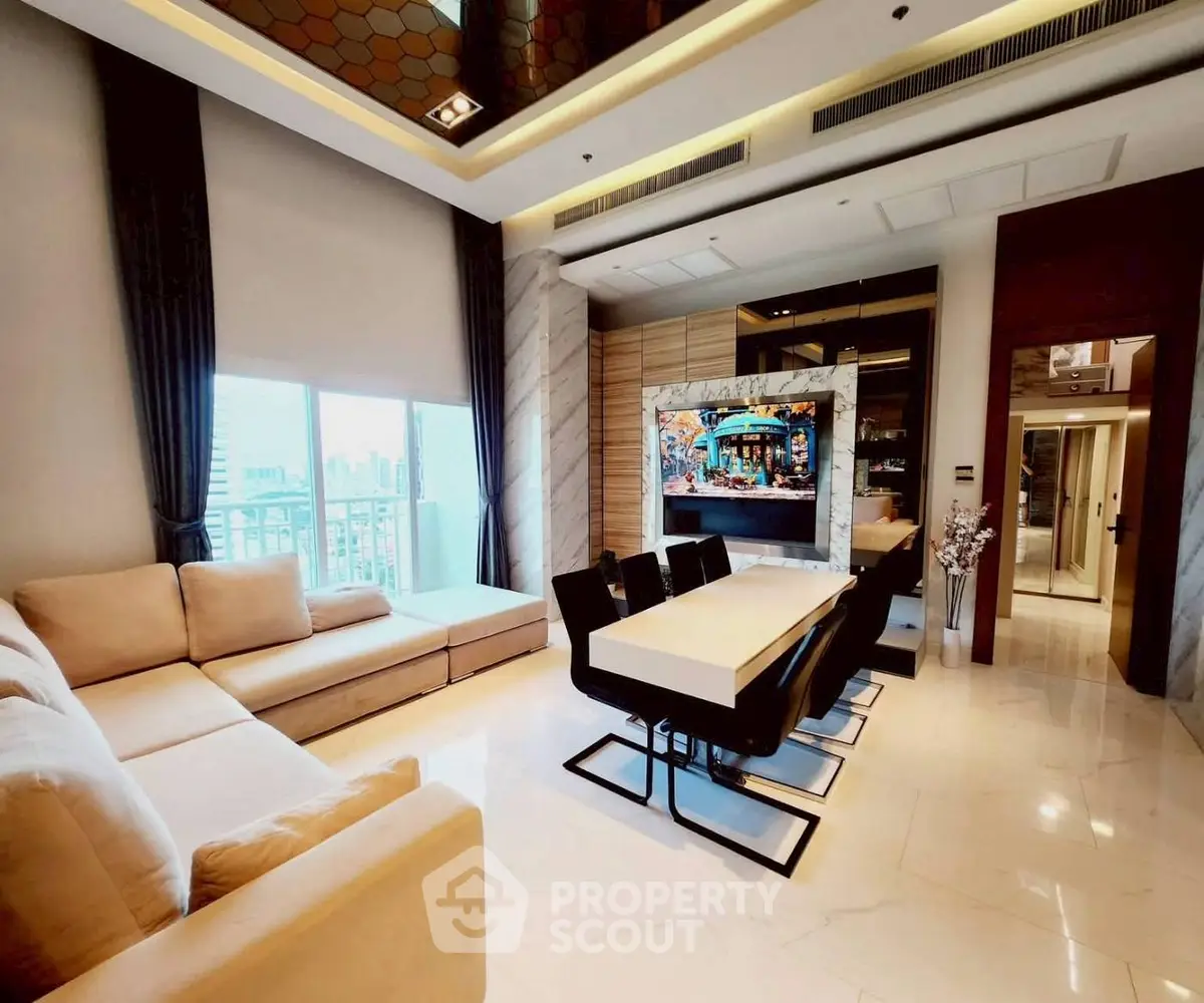 Luxurious modern living room with elegant dining area and large windows.