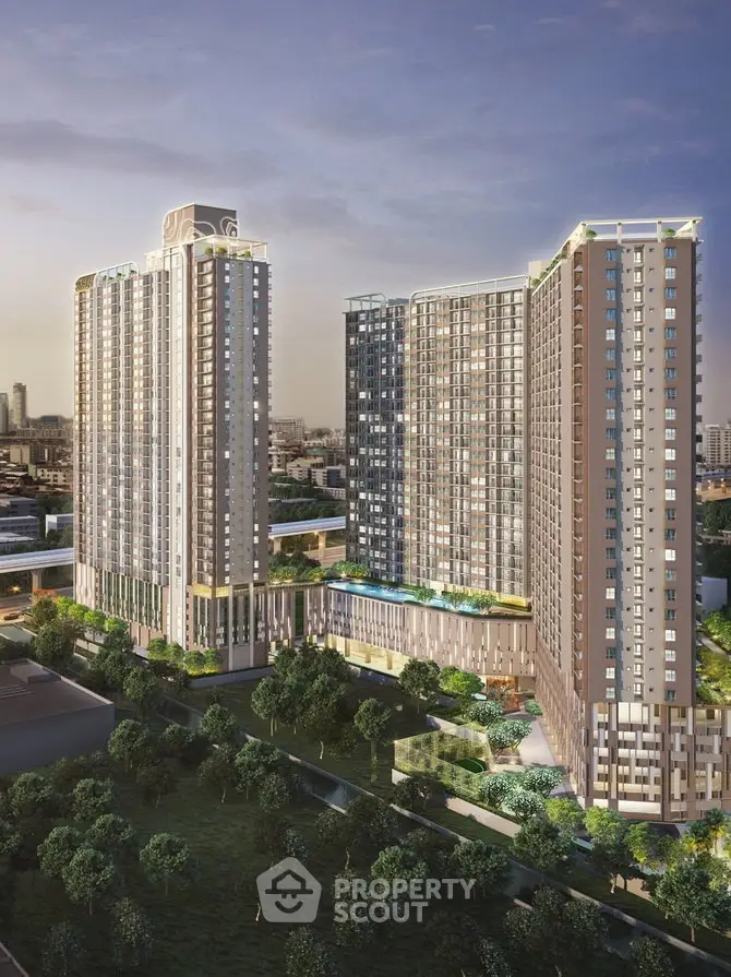 Stunning high-rise residential buildings with lush greenery and cityscape views.