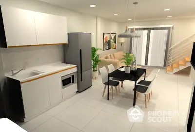 Modern open-layout kitchen and living room with sleek furniture and stylish decor