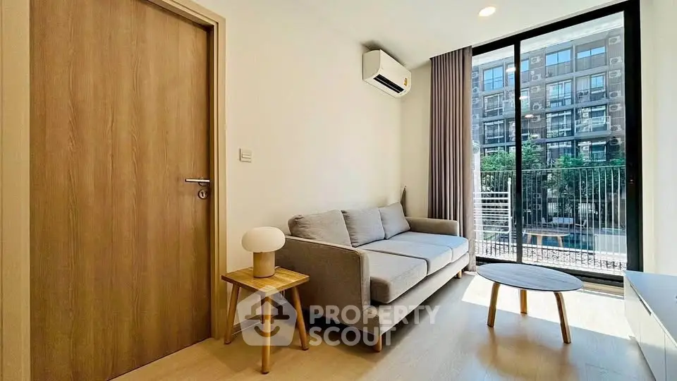 Modern living room with balcony view in a stylish apartment
