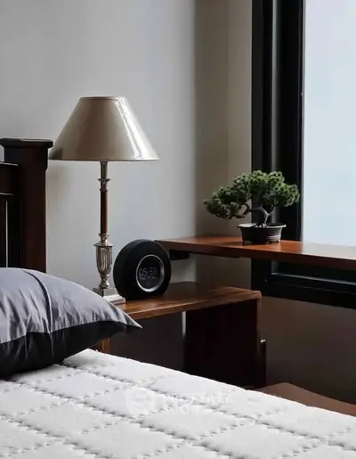 Cozy bedroom corner with elegant lamp and bonsai by the window, perfect for relaxation.