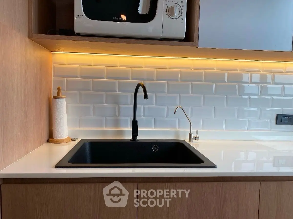 Modern kitchen with sleek black sink and stylish backsplash