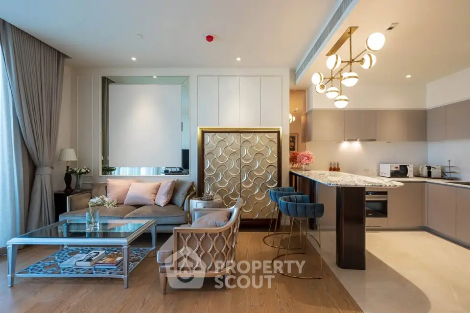 Luxurious modern living room with elegant furniture and open kitchen layout