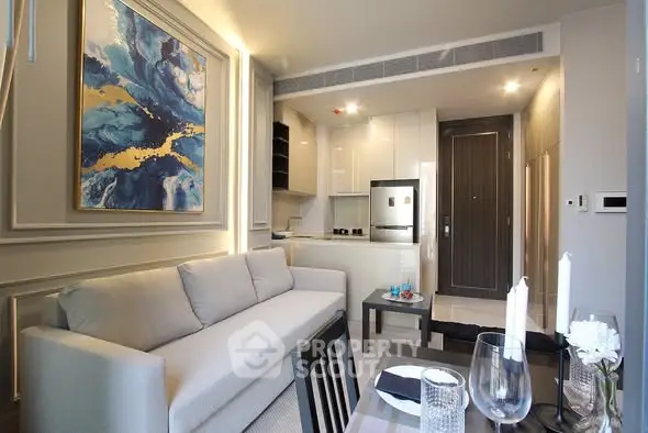 Modern living room with open kitchen and stylish decor