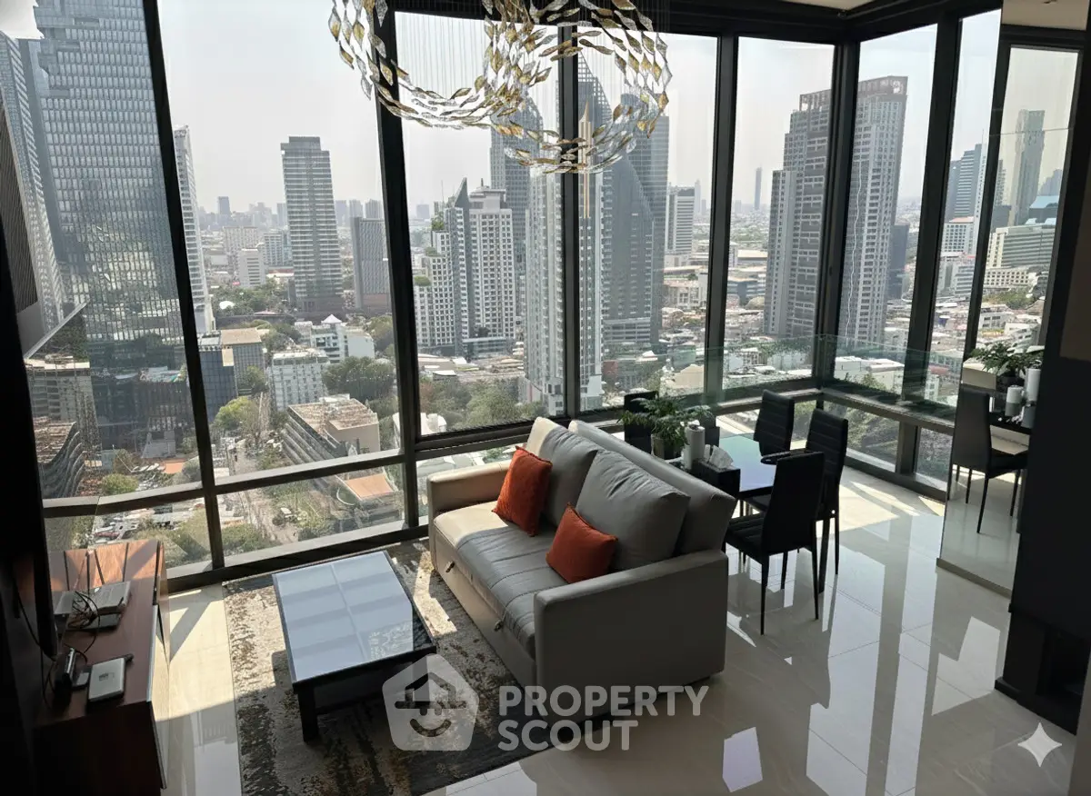 Stunning high-rise living room with panoramic city views and modern decor.
