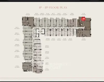 Detailed floor plan for 11th to 15th floors showcasing apartment layouts and dimensions.
