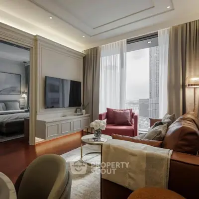 Luxurious living room with elegant decor and city view, featuring plush seating and modern design.