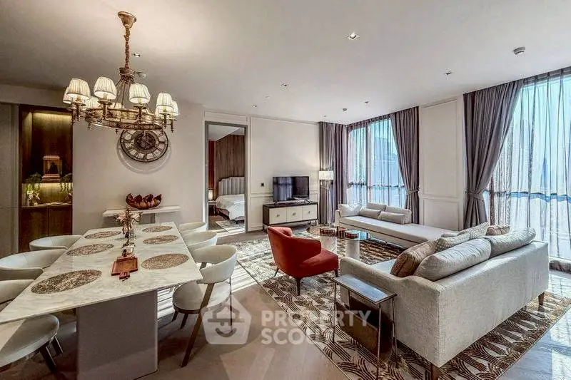 Luxurious open-plan living room with elegant dining area and modern decor