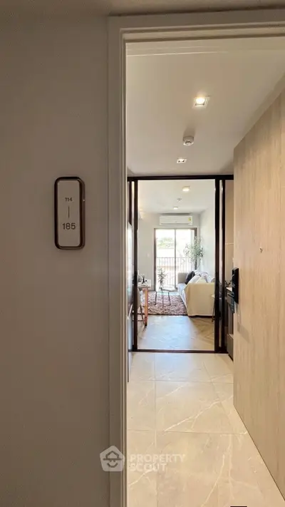 Modern apartment entrance leading to a stylish living room with natural light and balcony view.