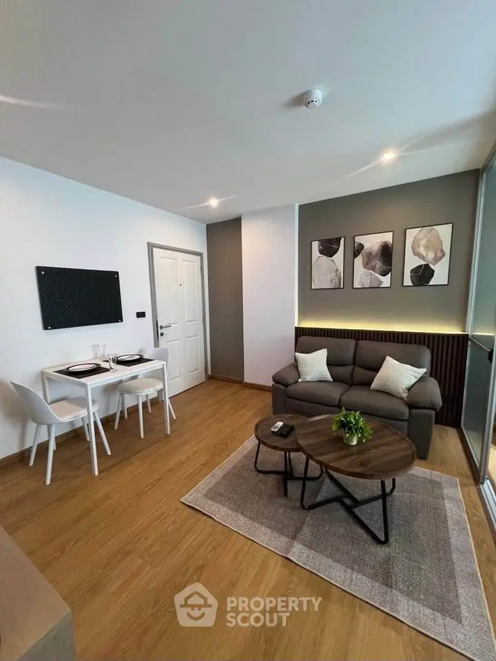 Modern living room with stylish decor and cozy seating area