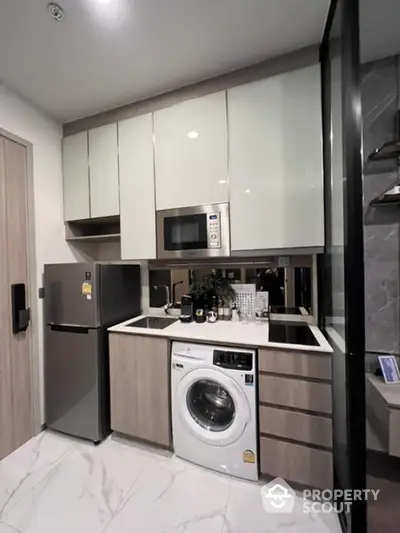 Modern compact kitchen with appliances and sleek cabinetry