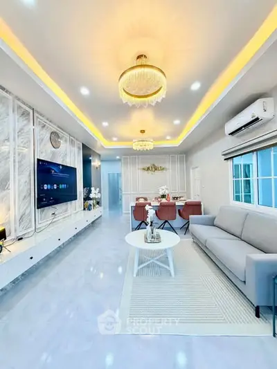 Luxurious modern living room with elegant lighting and stylish decor