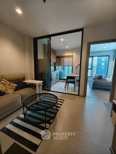 Modern apartment interior with cozy living room and stylish kitchen