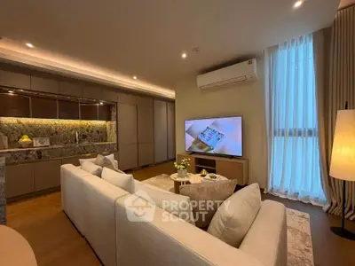 Luxurious modern living room with elegant decor and ambient lighting