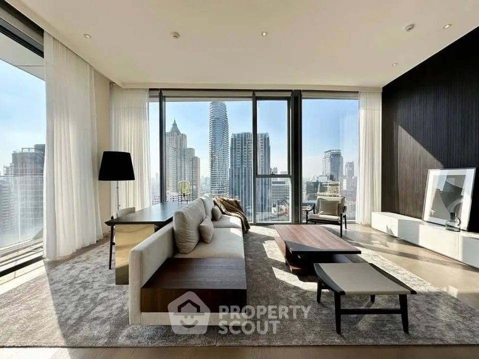Luxurious high-rise living room with stunning city views and modern furnishings.