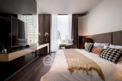 Luxurious modern bedroom with city view, featuring elegant decor and large windows.