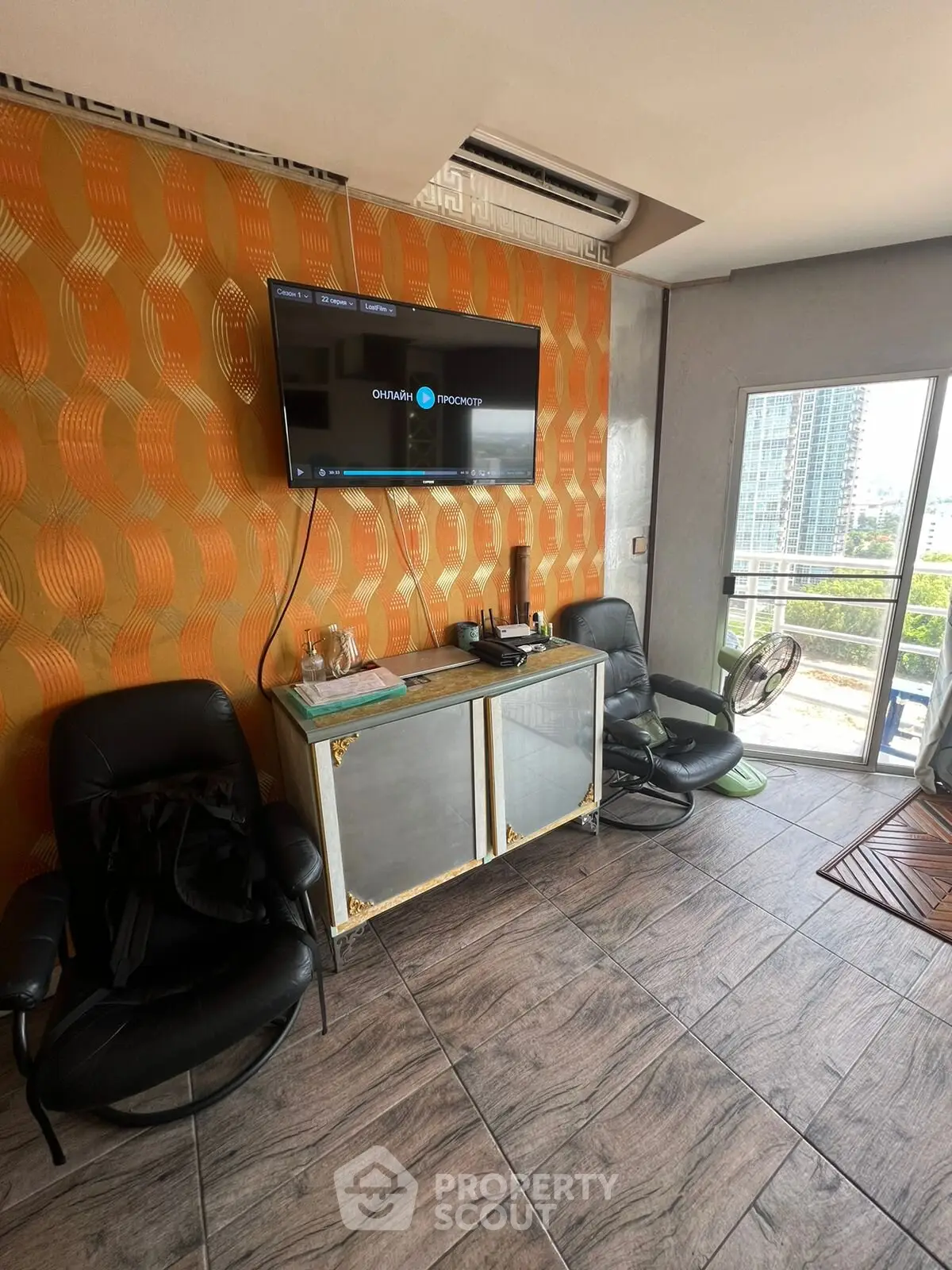 Modern living room with balcony view and stylish decor