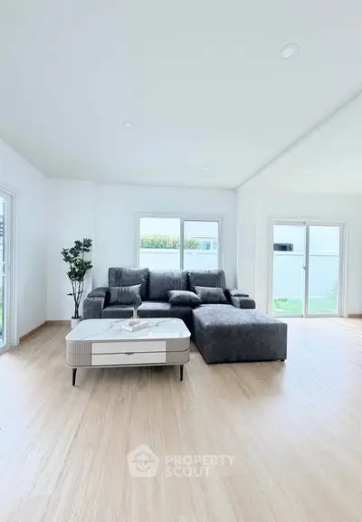 Spacious modern living room with large gray sectional sofa and natural light from multiple windows.