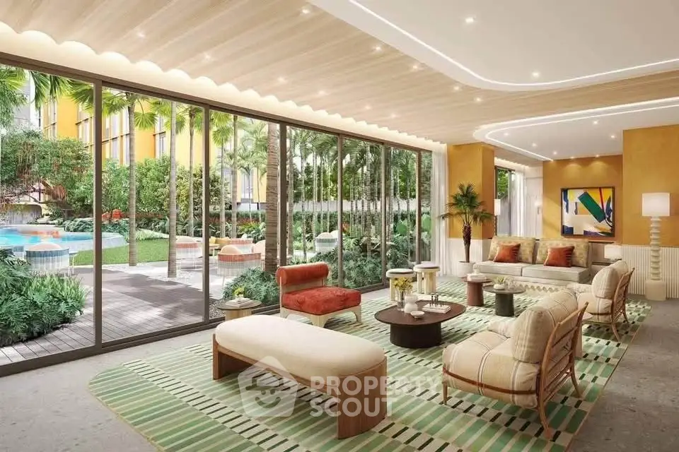 Luxurious living room with floor-to-ceiling windows overlooking a lush garden and pool area.
