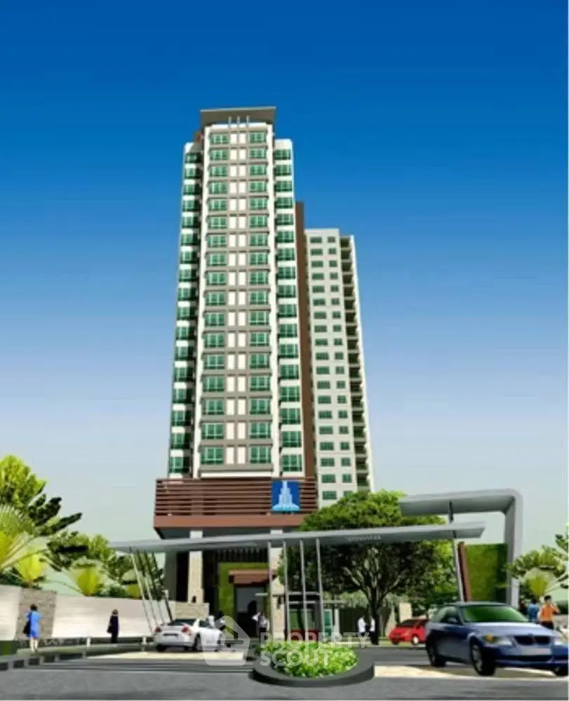 Modern high-rise residential building with lush landscaping and clear blue sky.