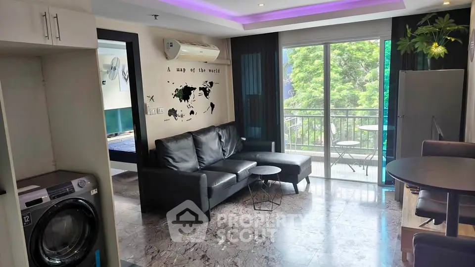 Modern living room with balcony and stylish decor in urban apartment