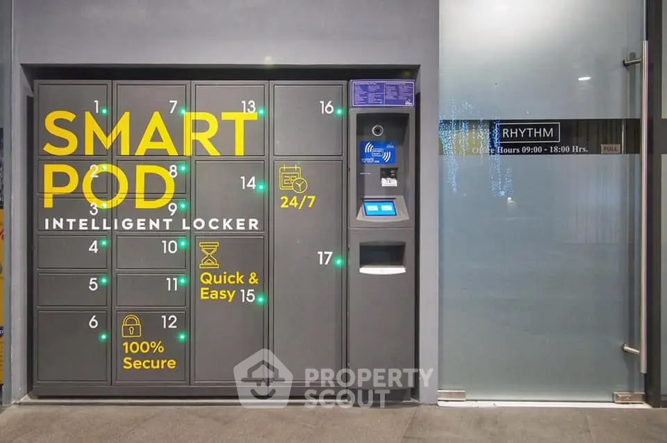 Modern intelligent locker system in a sleek building entrance with secure access.