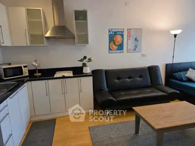 Modern living room with sleek kitchen, cozy sofa, and stylish decor in a compact apartment.