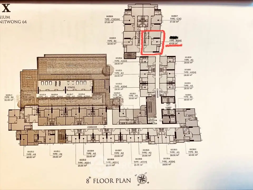 Detailed 8th floor plan of a modern residential building with highlighted unit.