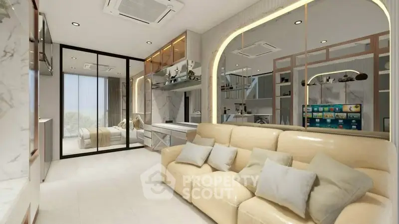 Luxurious modern living room with elegant decor and spacious design, featuring a cozy beige sofa and stylish mirrors.