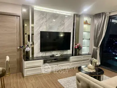 Luxurious modern living room with elegant decor and city view