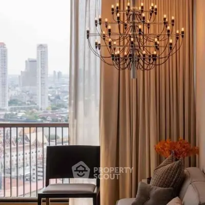 Luxurious living room with stunning city view and elegant chandelier