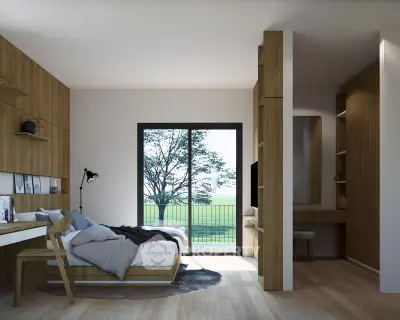 Modern bedroom with wooden accents and large window overlooking greenery.