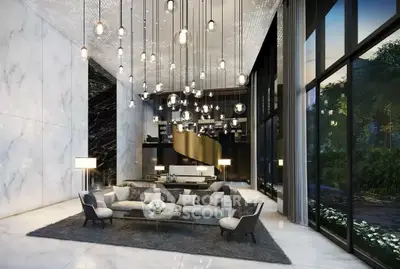 Luxurious modern living room with high ceilings and elegant lighting
