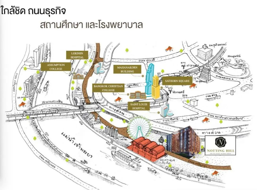 Illustrative map highlighting Notting Hill condo location near key Bangkok landmarks.