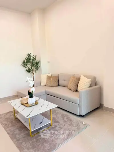 Modern living room with stylish gray sofa and elegant marble coffee table on plush rug.