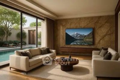 Luxurious living room with pool view, elegant sofas, and large TV, perfect for relaxation and entertainment.