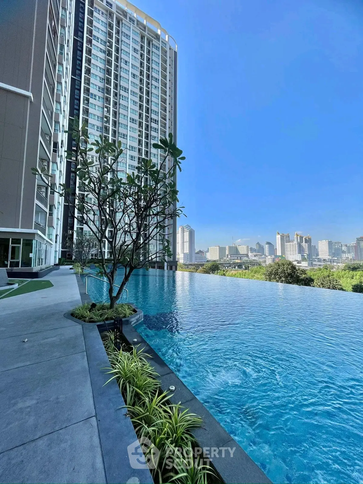 Luxurious high-rise apartment with stunning infinity pool and city skyline view.