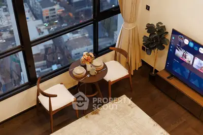 Stylish high-rise living room with city view, modern furniture, and large windows.