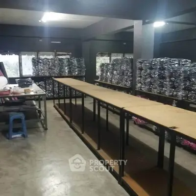 Spacious industrial-style storage room with ample shelving and concrete flooring.