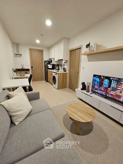 Modern living room with open kitchen and cozy decor