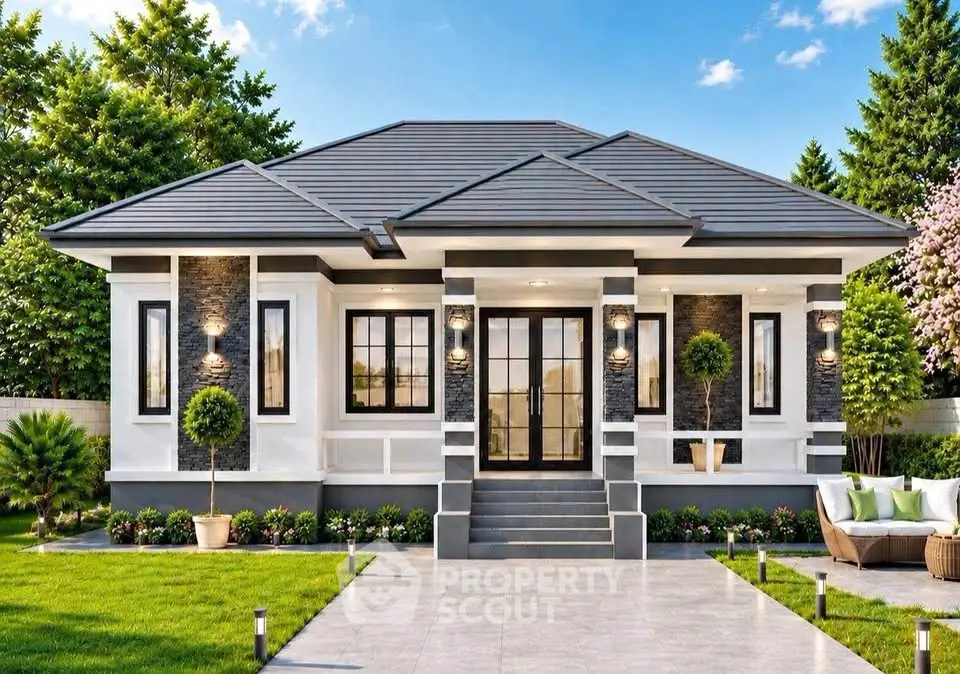 Charming modern bungalow with lush garden and stylish exterior design.