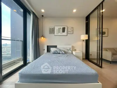 Modern bedroom with city view and stylish decor