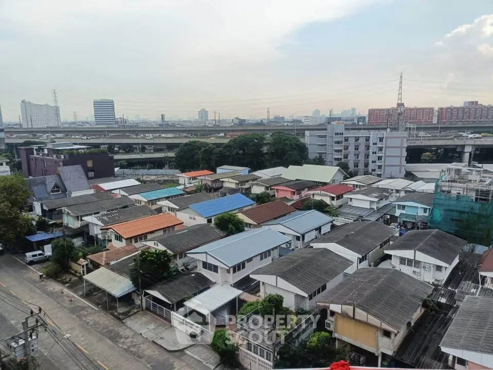Aerial view of residential neighborhood with diverse rooftops and city skyline.