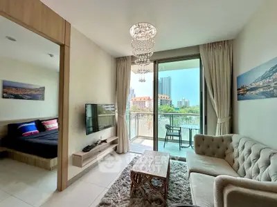 Stylish living room with balcony view in modern apartment