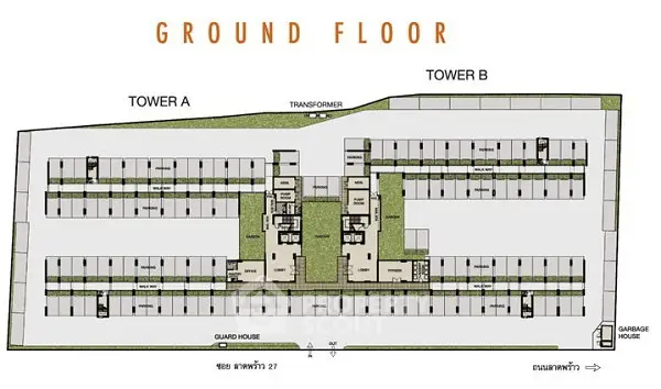 Ground floor schematic plan of residential towers with parking layout.