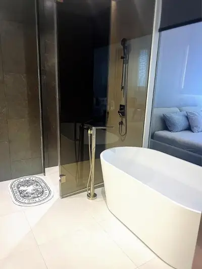 Luxurious bathroom with modern freestanding bathtub and sleek glass shower enclosure.