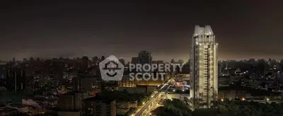 Stunning night view of a modern high-rise building in a vibrant cityscape, showcasing urban luxury living.