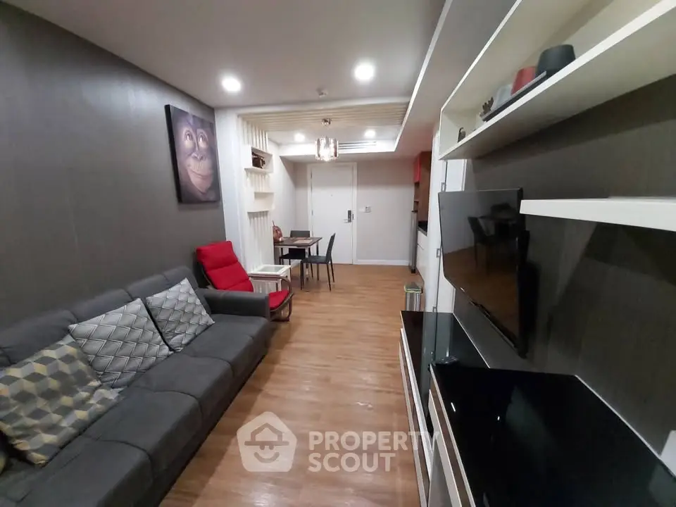 Modern living room with stylish decor and cozy seating area