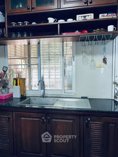 Charming kitchen with wooden cabinets and modern sink, perfect for culinary enthusiasts.