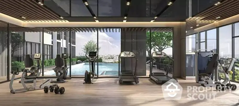 Luxurious gym with modern equipment and pool view in upscale residential building.